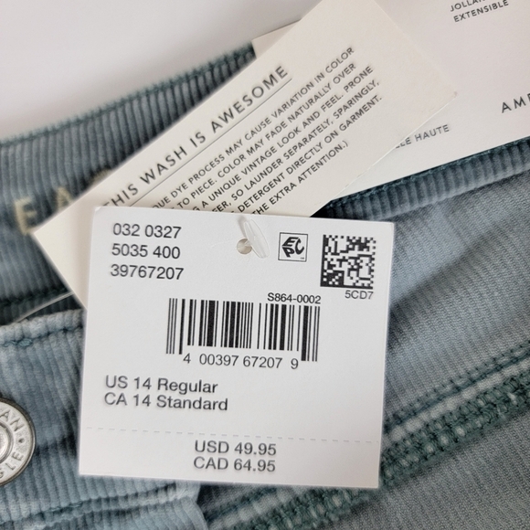 American Eagle Seafoam Green High Rise Stretch Corduroy Jeggings Sz 14/32 NEW - Picture 15 of 16